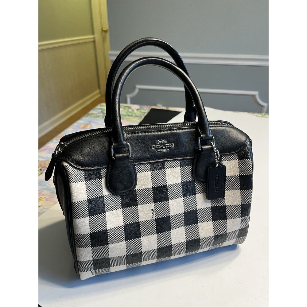 Coach Mini Bennett Black White Plaid Crossed Grain Leather Satchel - Picture 10 of 16